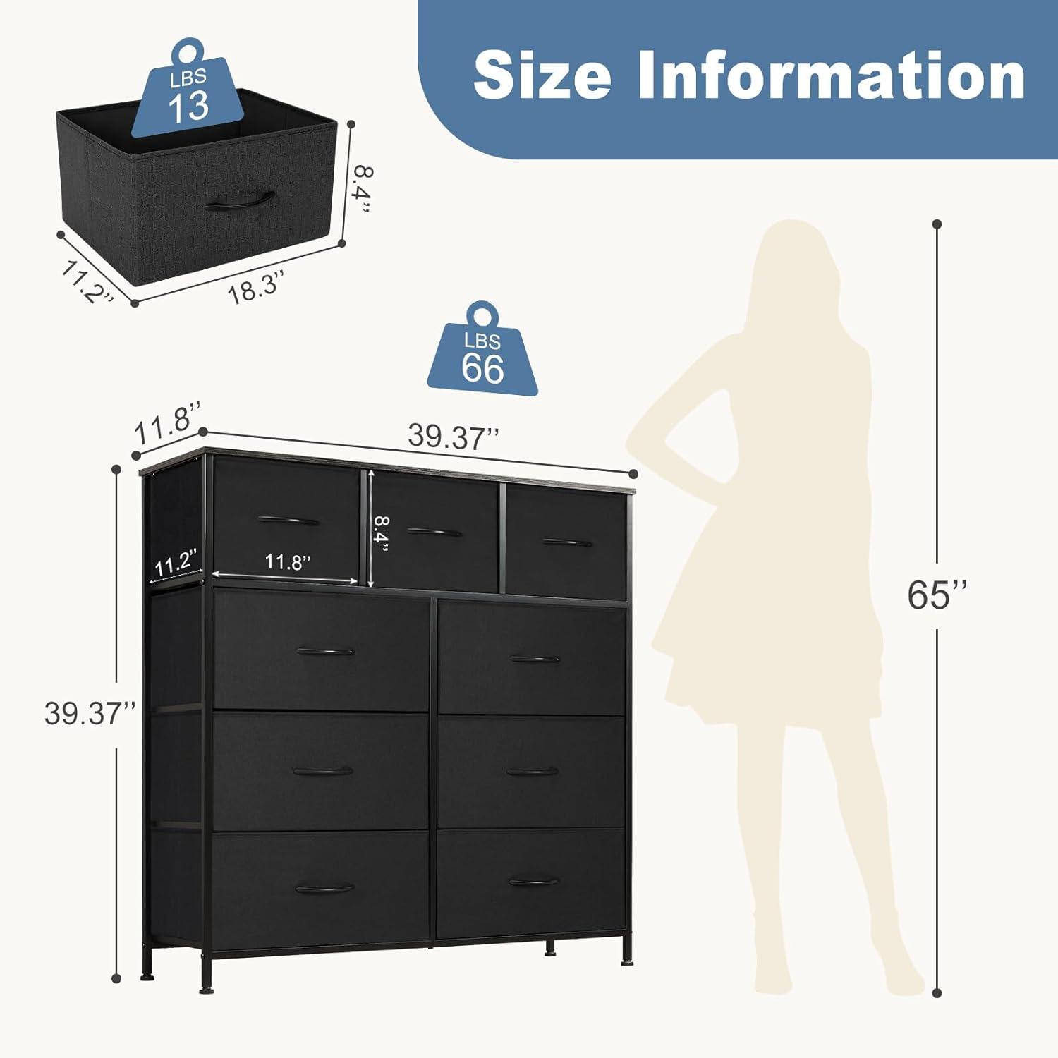 Magshion 9 Drawer Dressers, Modern Dresser, Fabric Organizer Unit Storage Cabinet for Bedroom Living Room, Black