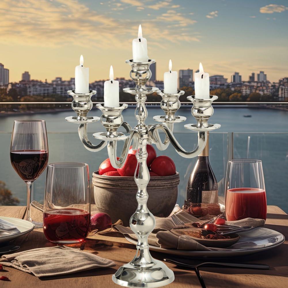 WHW Hamptons Five Arm Silver Candelabra, Taper Candle Holder, Hand Crafted of Silver Aluminum Nickel, 13.75 inches