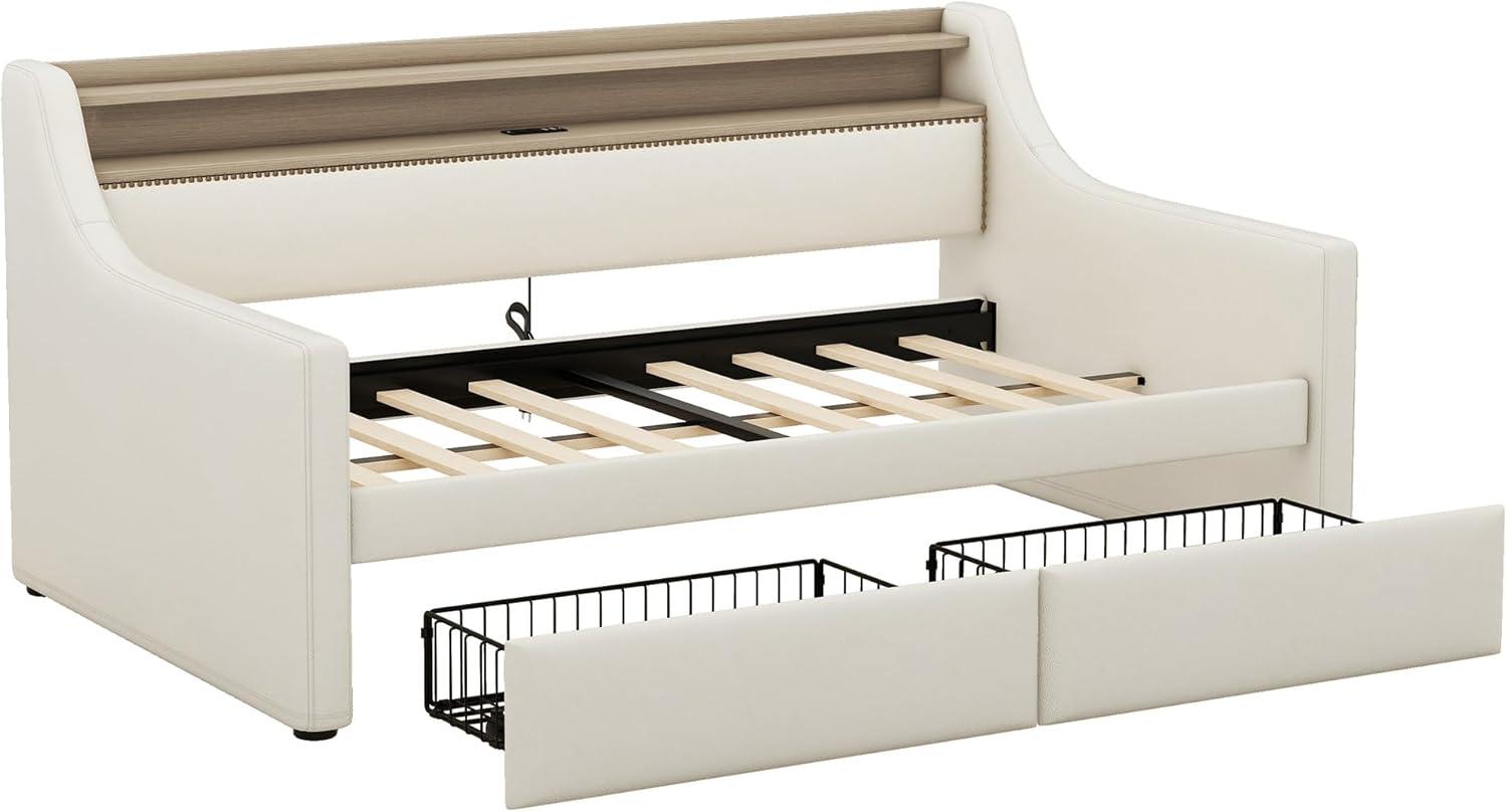 Miekor Muebles Sofá Cama Twin con Cajones de Almacenamiento, Sofá Cama Tapizado con Estación de Carga y Luces Led, Beige (Artículo Antiguo W1580S00022) 00033