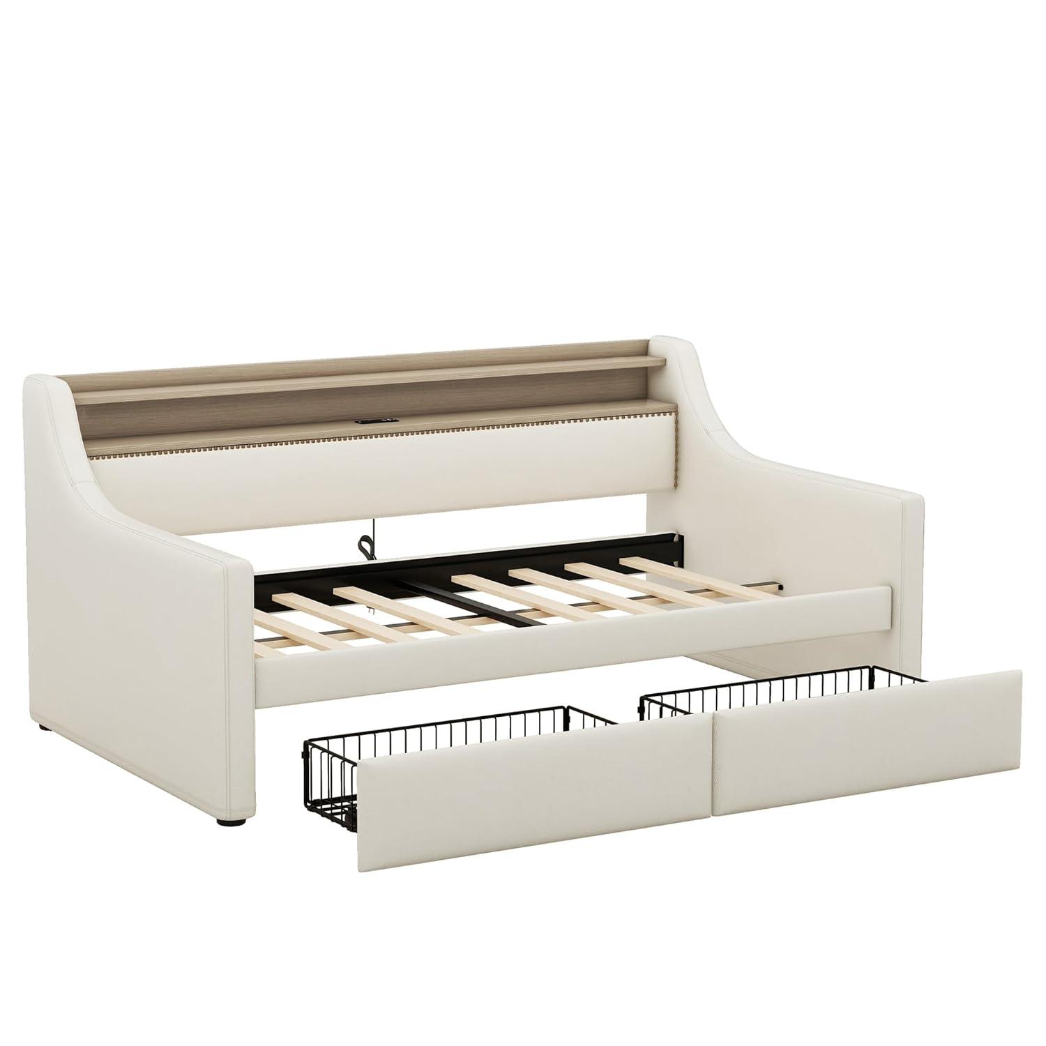 Miekor Muebles Sofá Cama Twin con Cajones de Almacenamiento, Sofá Cama Tapizado con Estación de Carga y Luces Led, Beige (Artículo Antiguo W1580S00022) 00033