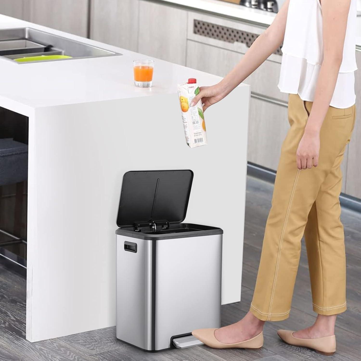 GlowSol Dual Trash Can for Recycling and Trash, Stainless Steel Kitchen Trash Can with Lid and Foot Pedal, Double Compartment Garbage Can, Trash Can with Recycling Bin (2 x 15 L)