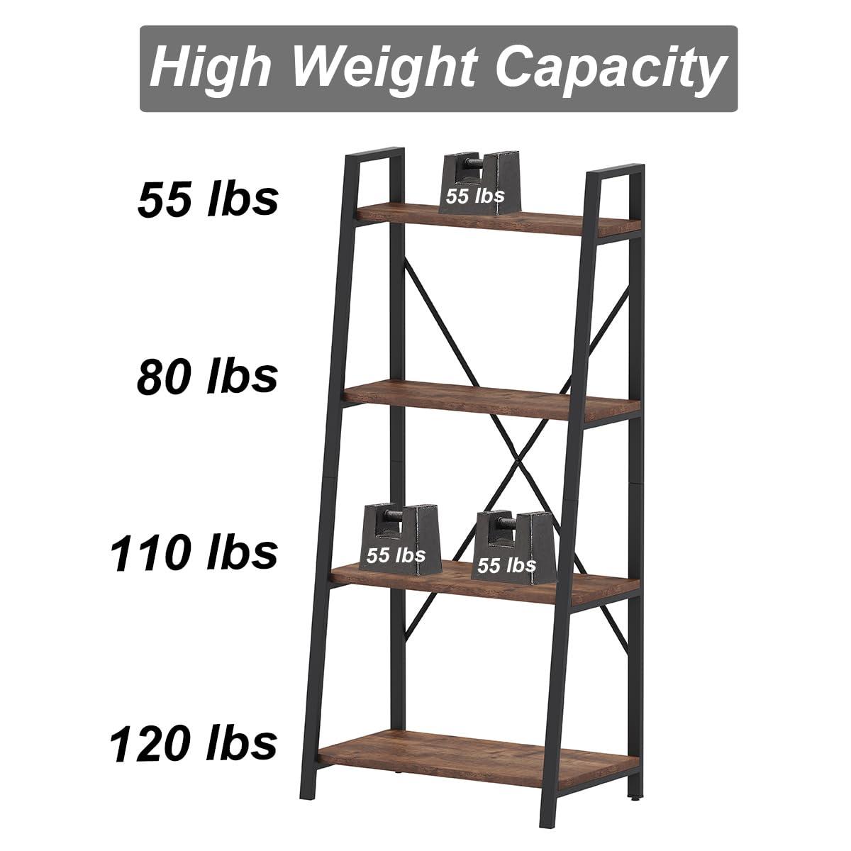BON AUGURE Industrial Ladder Shelf Bookcase, 4 Tier Rustic Ladder Bookshelf, Standing Leaning Book Shelves for Living Room (Rustic Oak)