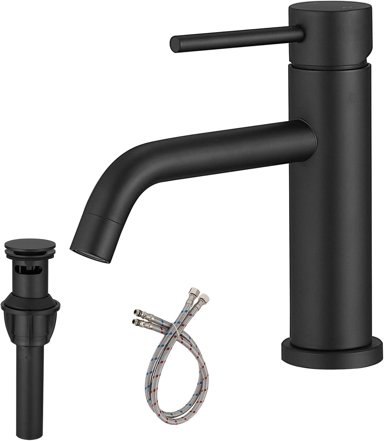 Matte Black Bathroom Faucet Black Bathroom Sink Faucet Single Handle Black Bathroom Faucet Modern Single Hole Faucet Bathroom with Pop-up Sink Drain Stopper & Deck Plate 1 or 3 Hole Bathroom Faucet