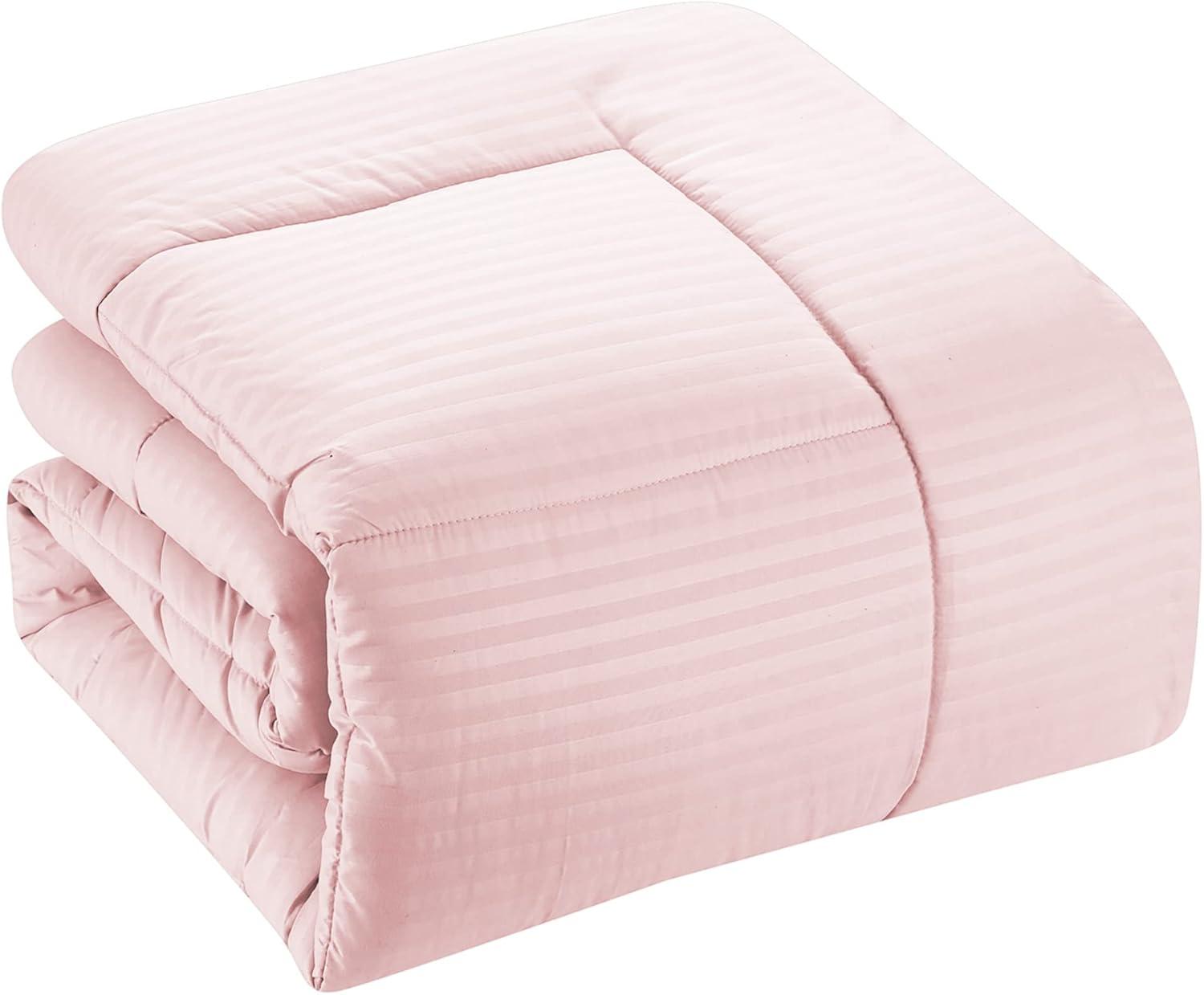 8 Piece Embossed Dobby Stripe Bed In A Bag Set - King, Pale Pink