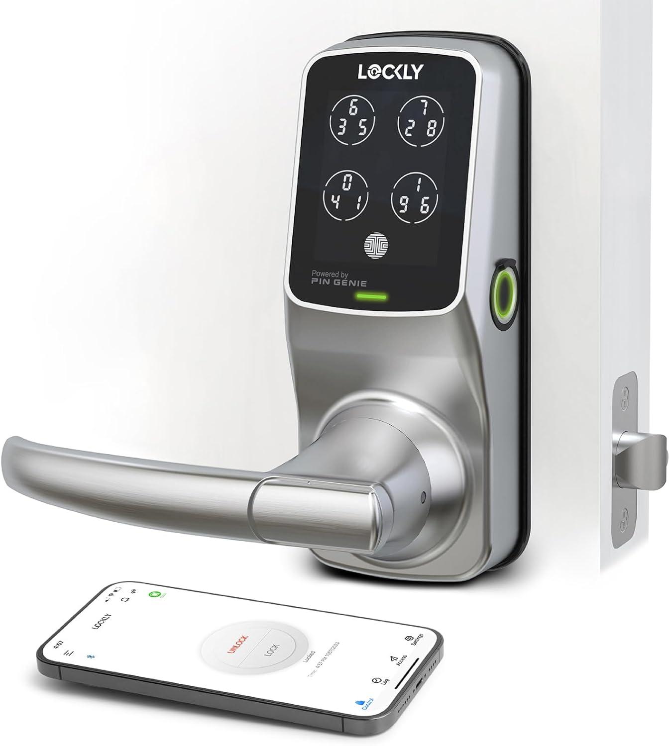 Lockly Secure Plus Bluetooth Smart Door Lock, Keyless Entry with PIN Genie® Digital Keypad, 3D Biometric Fingerprint Sensor Front Door Lock with Handle, Voice Control & Auto Lock - Latch Edition