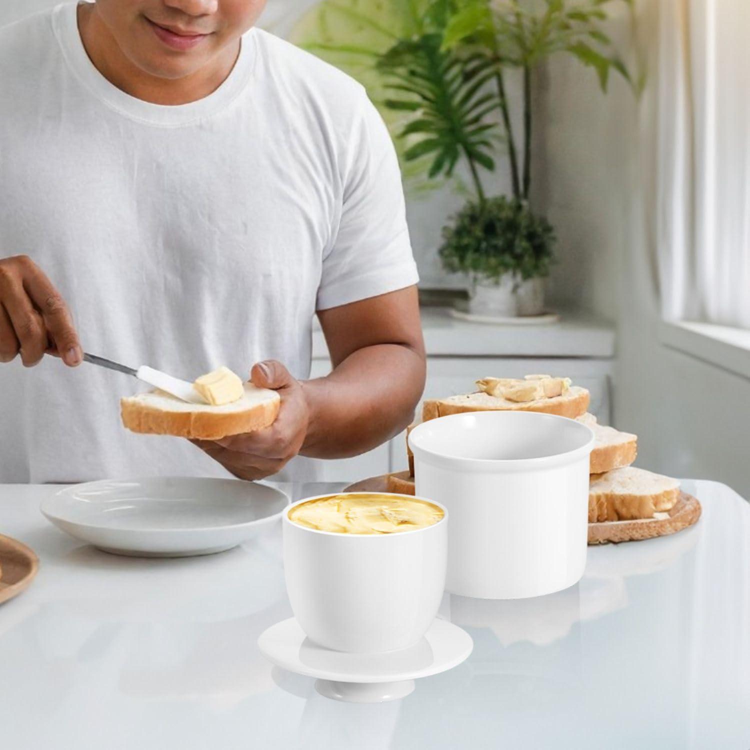 Flexzion Porcelain Butter Crock Butter Keeper, French Butter Dish Bell with Lid, Tabletop Spreadable Soft and Fresh Water Sealed Butter Holder Cafe Retro Collection Farmhouse Decor (White)