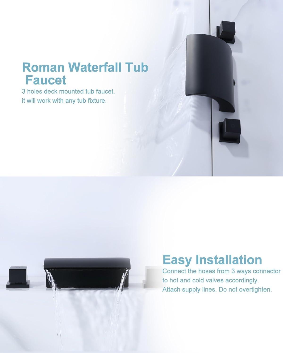 Matte Black Brass Double Handle Waterfall Tub Faucet