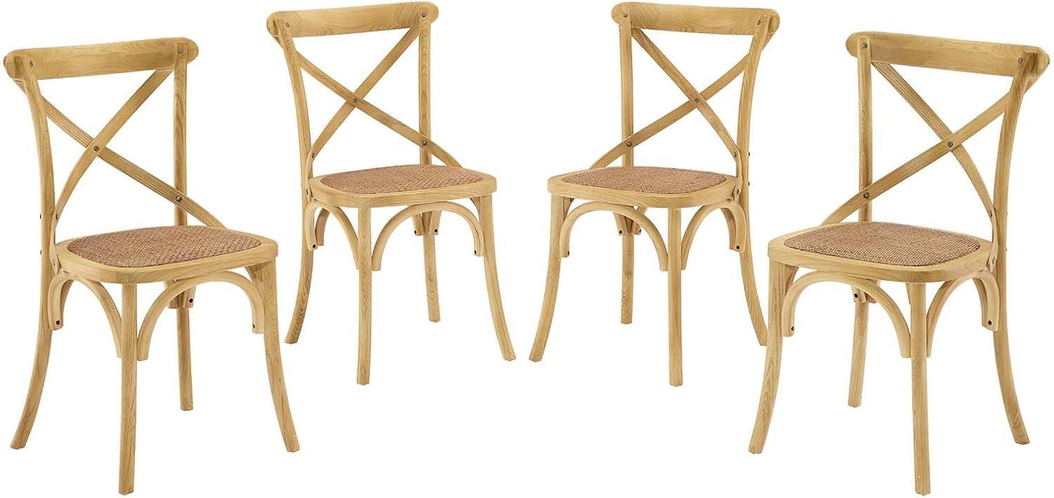 Modway Gear 18.5" Elm Wood and Rattan Dining Side Chair in Natural (Set of 4)