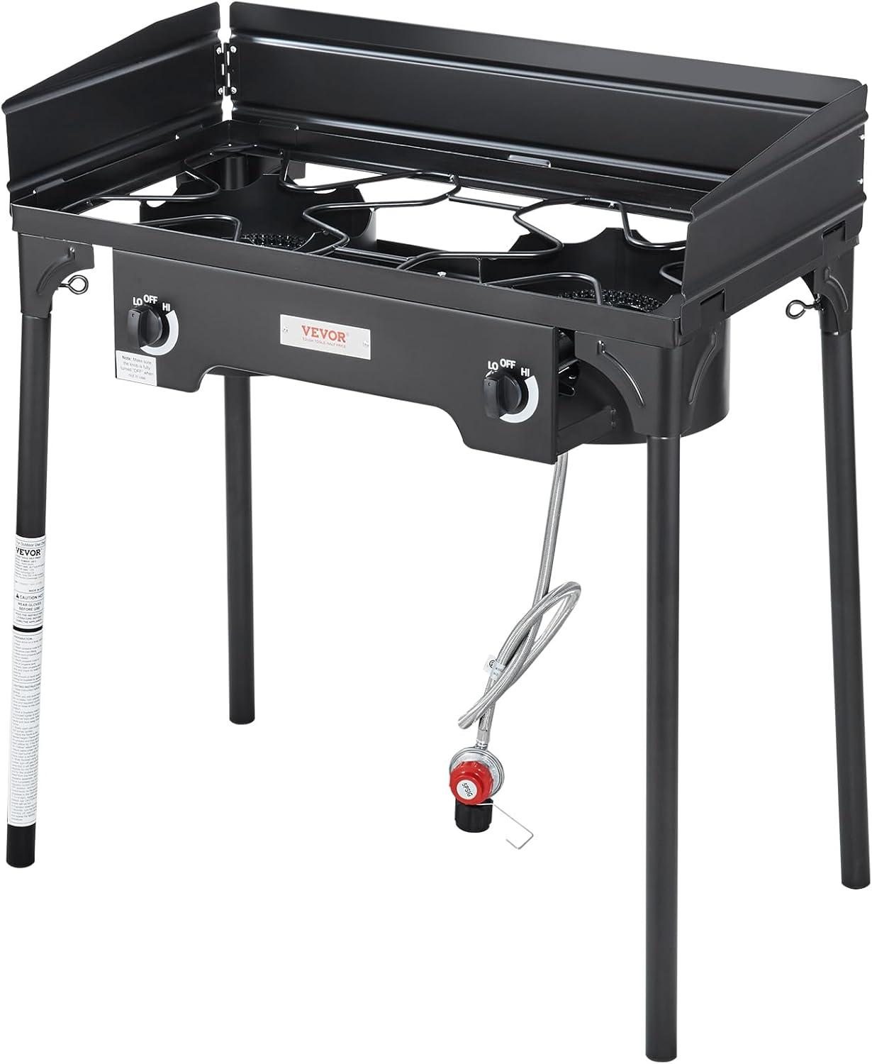 Black Heavy Duty 2-Burner Outdoor Gas Stove with Windscreen