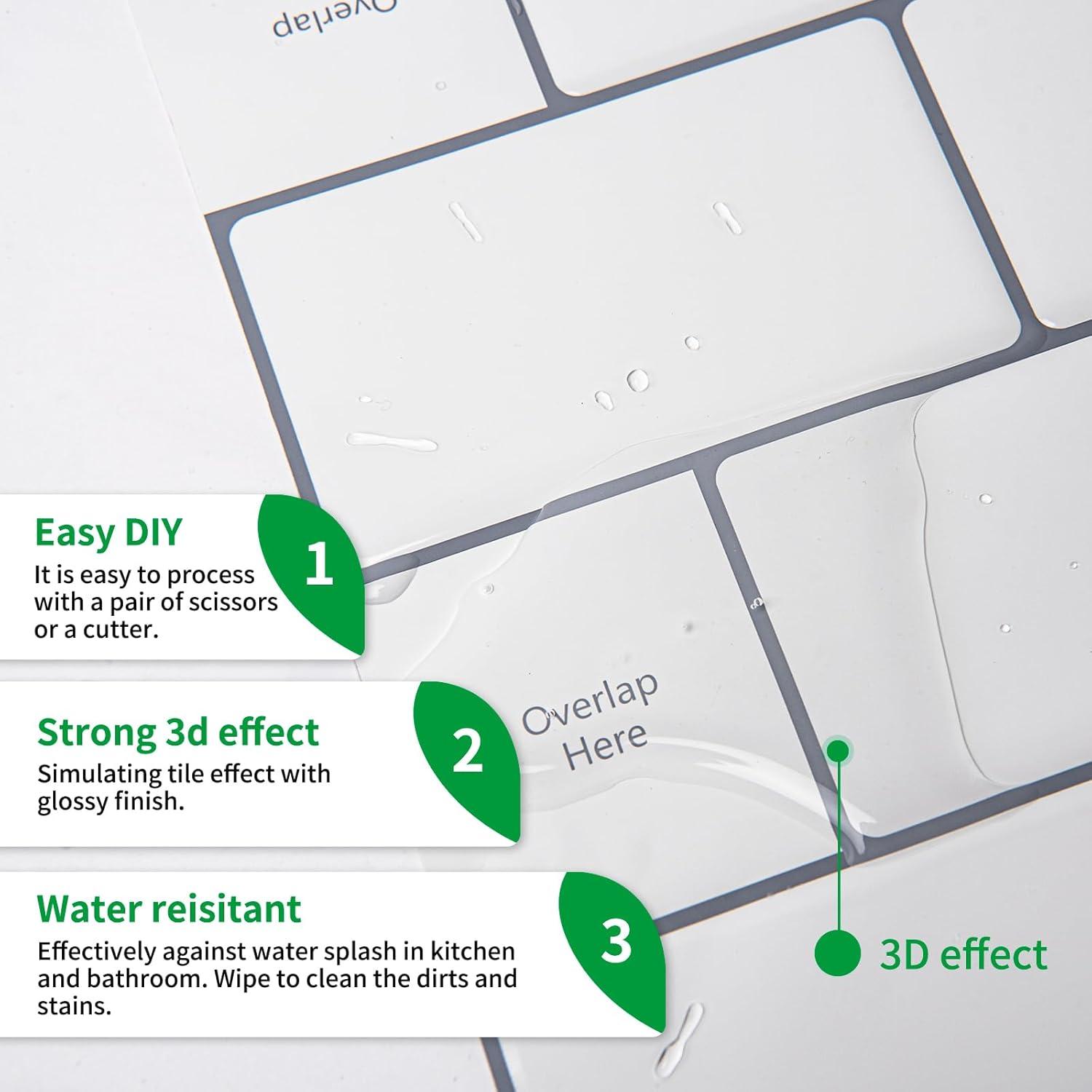 Art3d Peel and Stick Backsplash Tile, 10-Sheet Stick on Subway Tiles for Kitchem, Bathroom Back Splashes, 12"x12", Warm White with Black Grout