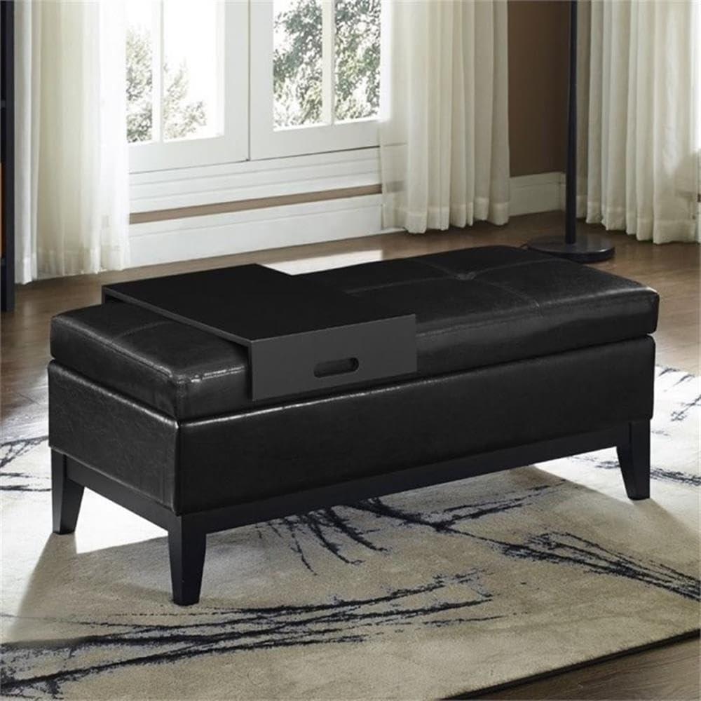 Simpli Home Oregon 42 inch Wide Contemporary Rectangle Storage Ottoman Bench with Tray in Tanners Brown Faux Leather-Finish:Midnight Black