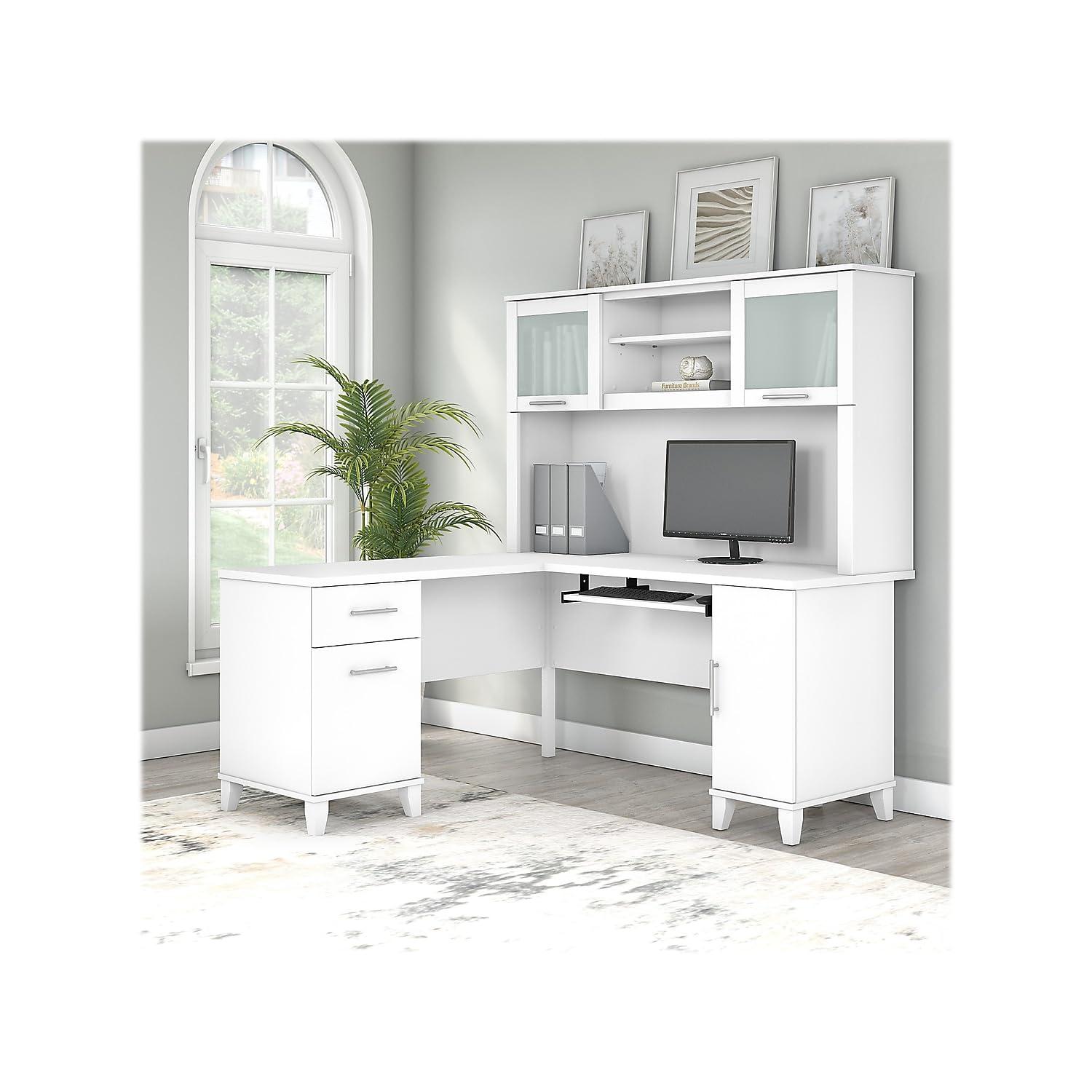 Bush Furniture Somerset 60 in L Desk with Hutch, Keyboard Tray, File and Storage in White