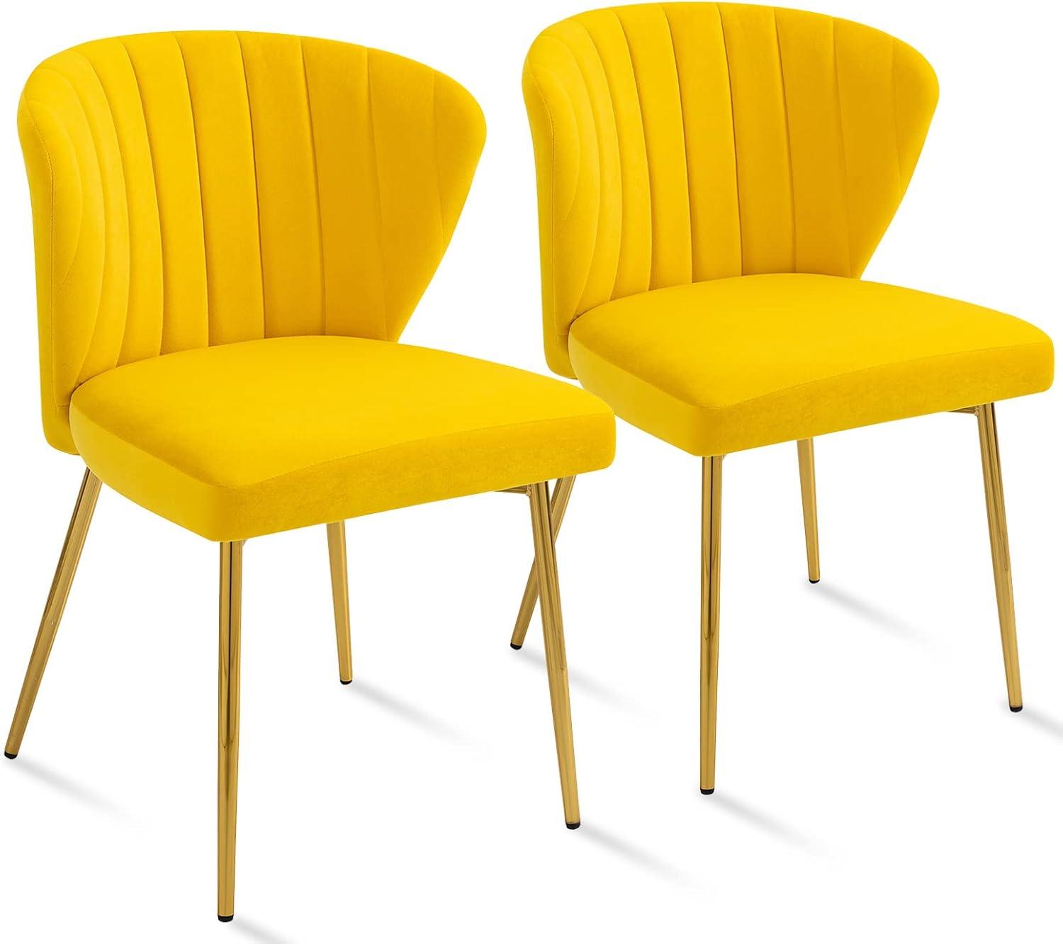 ANOUR Modern Dining Chairs, Velvet Accent Chair, Living Room Chairs, Set of 2, Upholstered Side Chair with Golden Metal Legs for Dining Room Kitchen Vanity Patio (Yellow, 2 Pack)