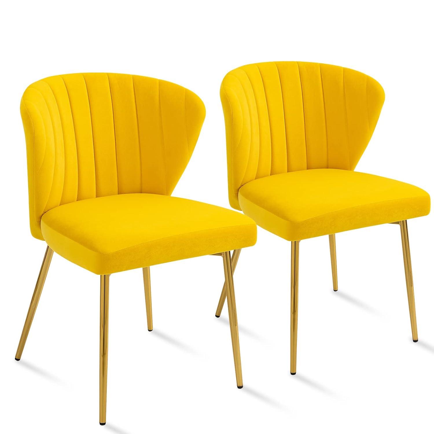 ANOUR Modern Dining Chairs, Velvet Accent Chair, Living Room Chairs, Set of 2, Upholstered Side Chair with Golden Metal Legs for Dining Room Kitchen Vanity Patio (Yellow, 2 Pack)