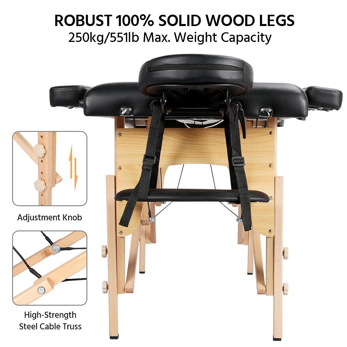 Adjustable Black Faux Leather Portable Massage Table with Beech Wood Legs