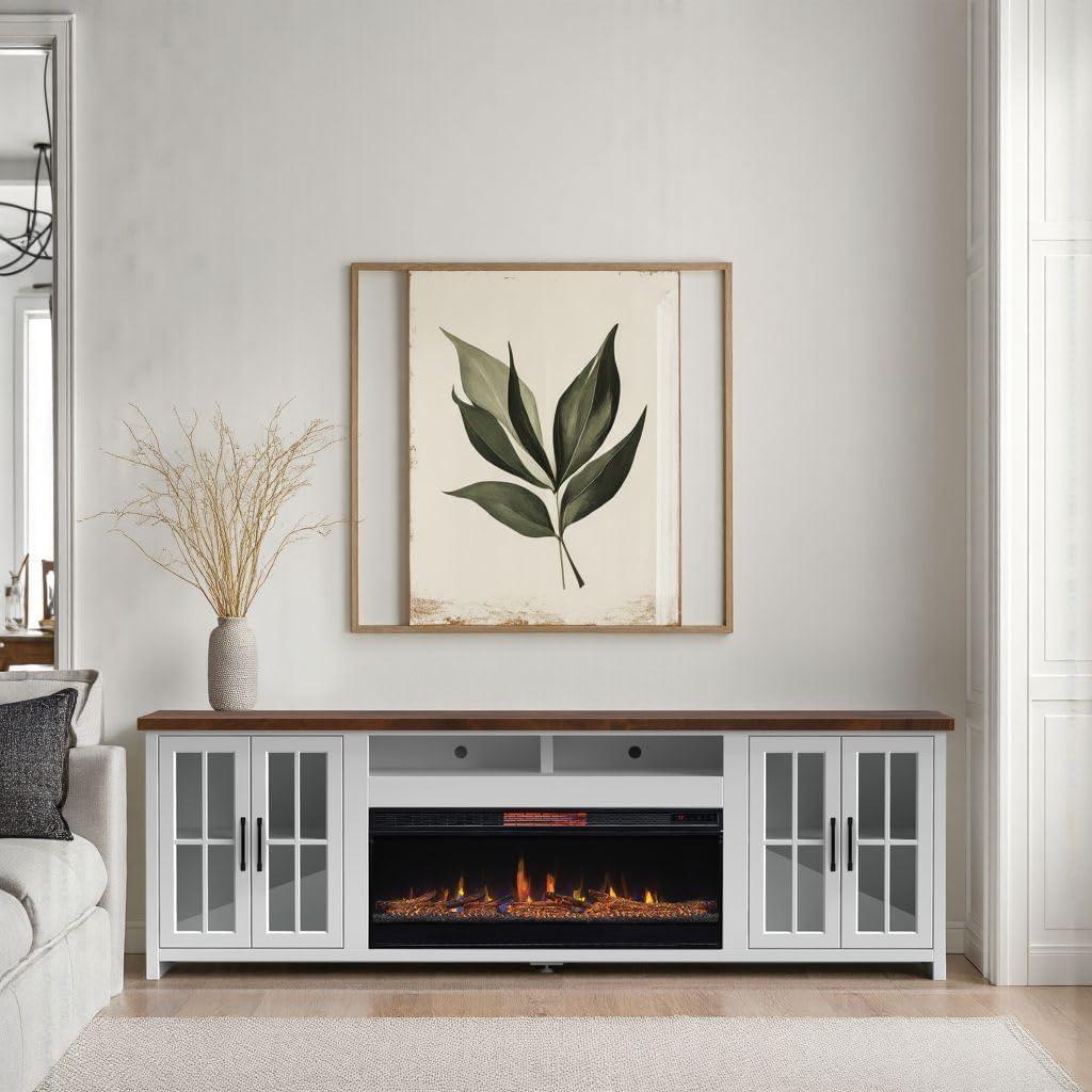 Hampton 97" White Wood Fireplace TV Stand with Cabinets