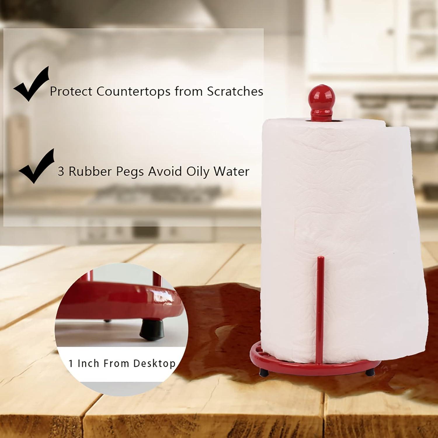 Vintage Paper Towel Holder Countertop - Cast Iron Standing Roll Paper Towel Dispenser with Elegant and Heavy Daffodil Pattern Base for Kitchen Décor, Red