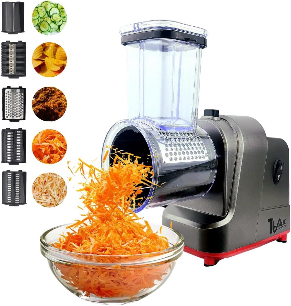 Ttak HOUSEWARE Electric Cheese Grater, 250W Professional Electric Slicer Shredder, One-Touch Control Electric Salad Machine Fruits, Vegetables, Cheeses, Salad Maker 5 Attachments Food Processor