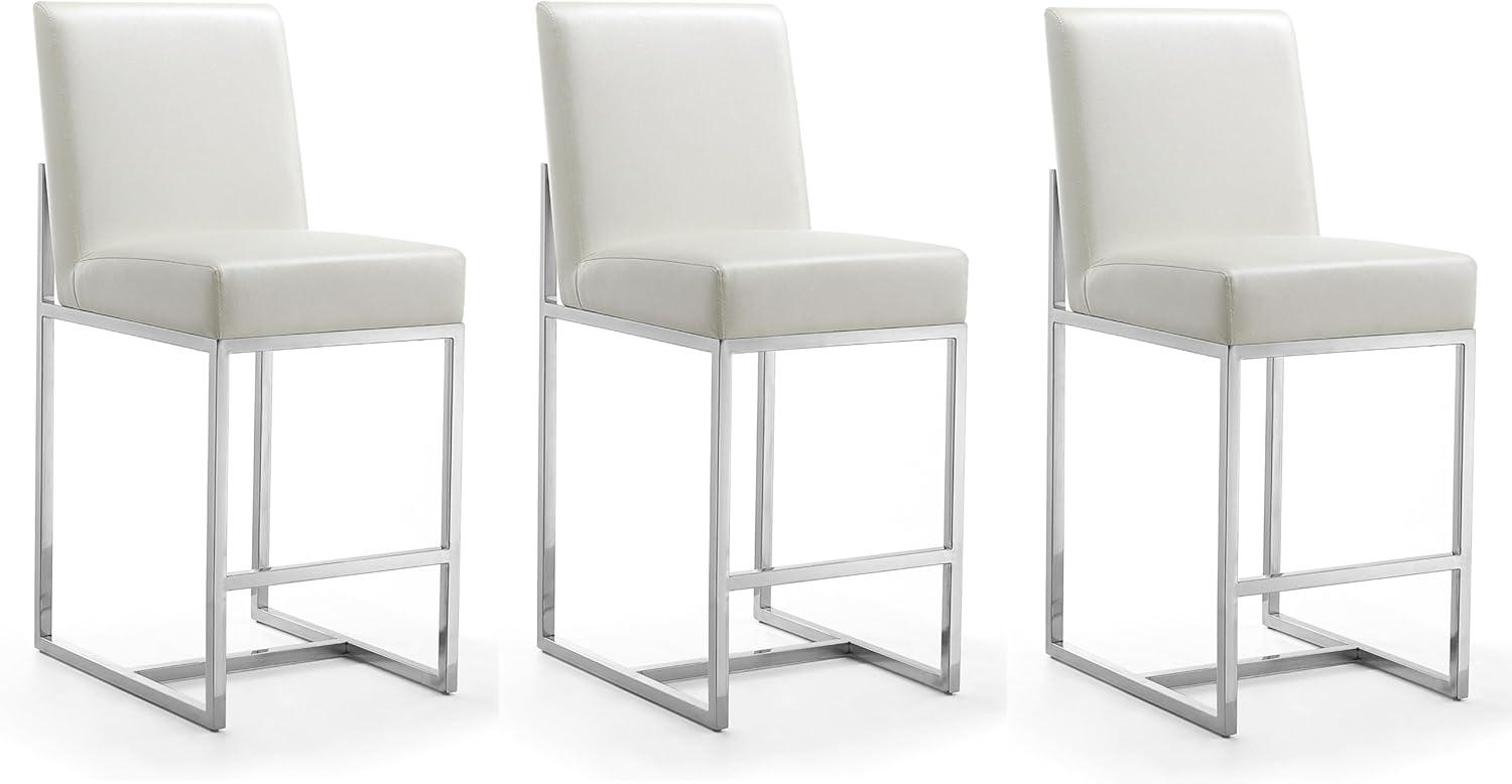 Manhattan Comfort Set of 3 Element Upholstered Stainless Steel Counter Height Barstools Pearl White: Faux Leather, No Assembly Required