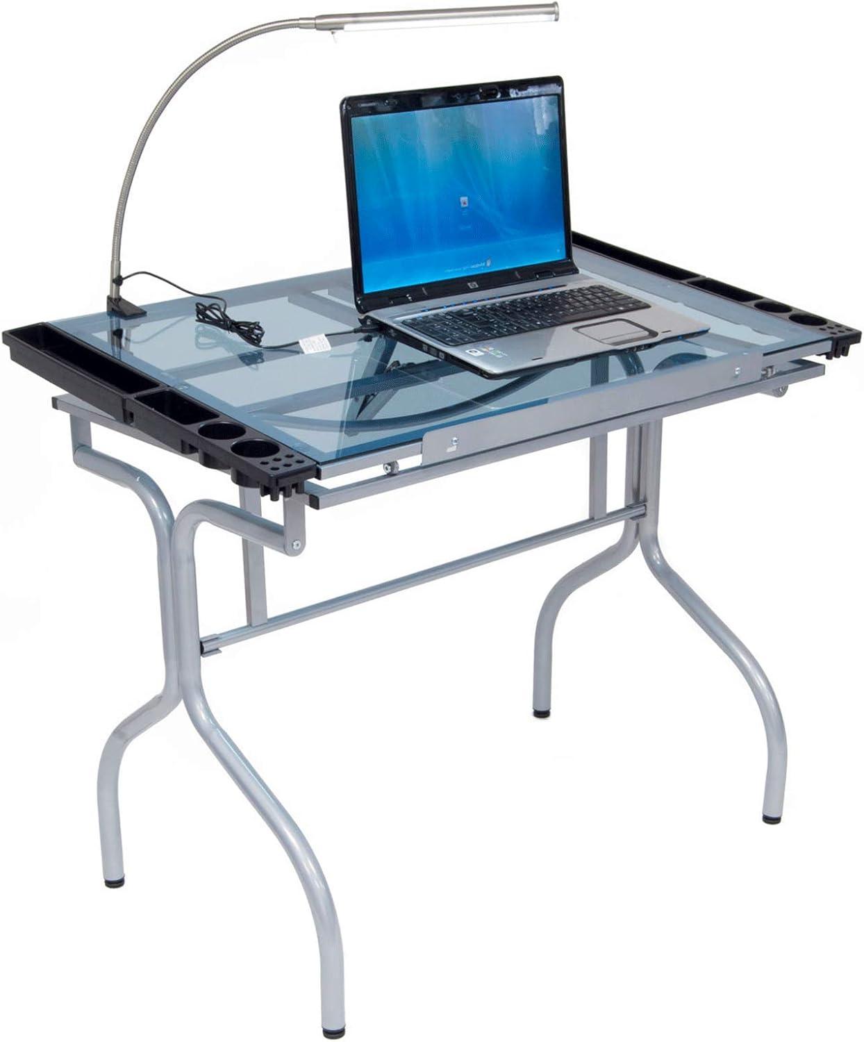 Futura 38'' Silver Frame Craft Station with Blue Tempered Glass Top