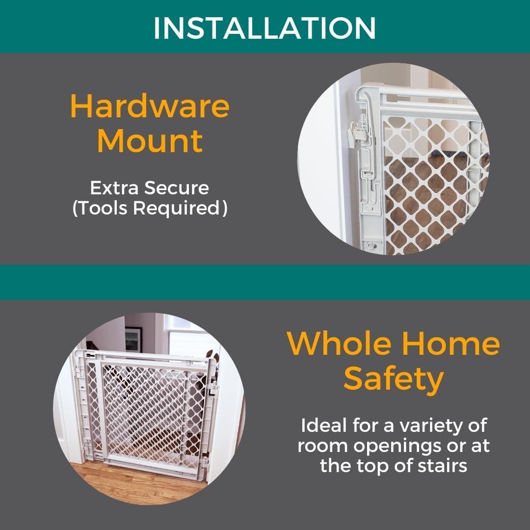 Light Gray Plastic and Metal Swinging Pet Gate for Stairs and Doorways