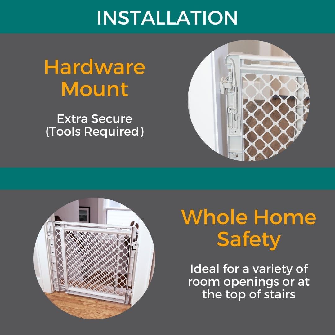 Light Gray Plastic and Metal Swinging Pet Gate for Stairs and Doorways