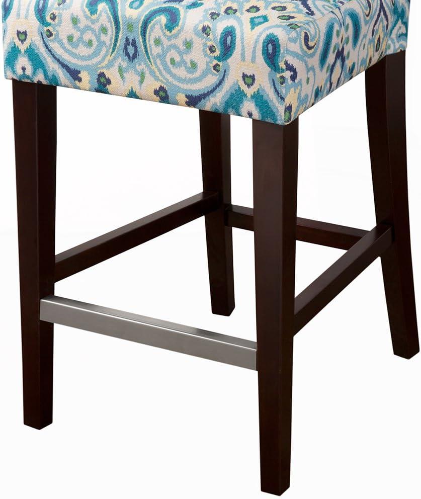 25" Saffron Tufted Back Counter Height Barstool Blue/Yellow: Espresso Wood Legs, Padded Seat