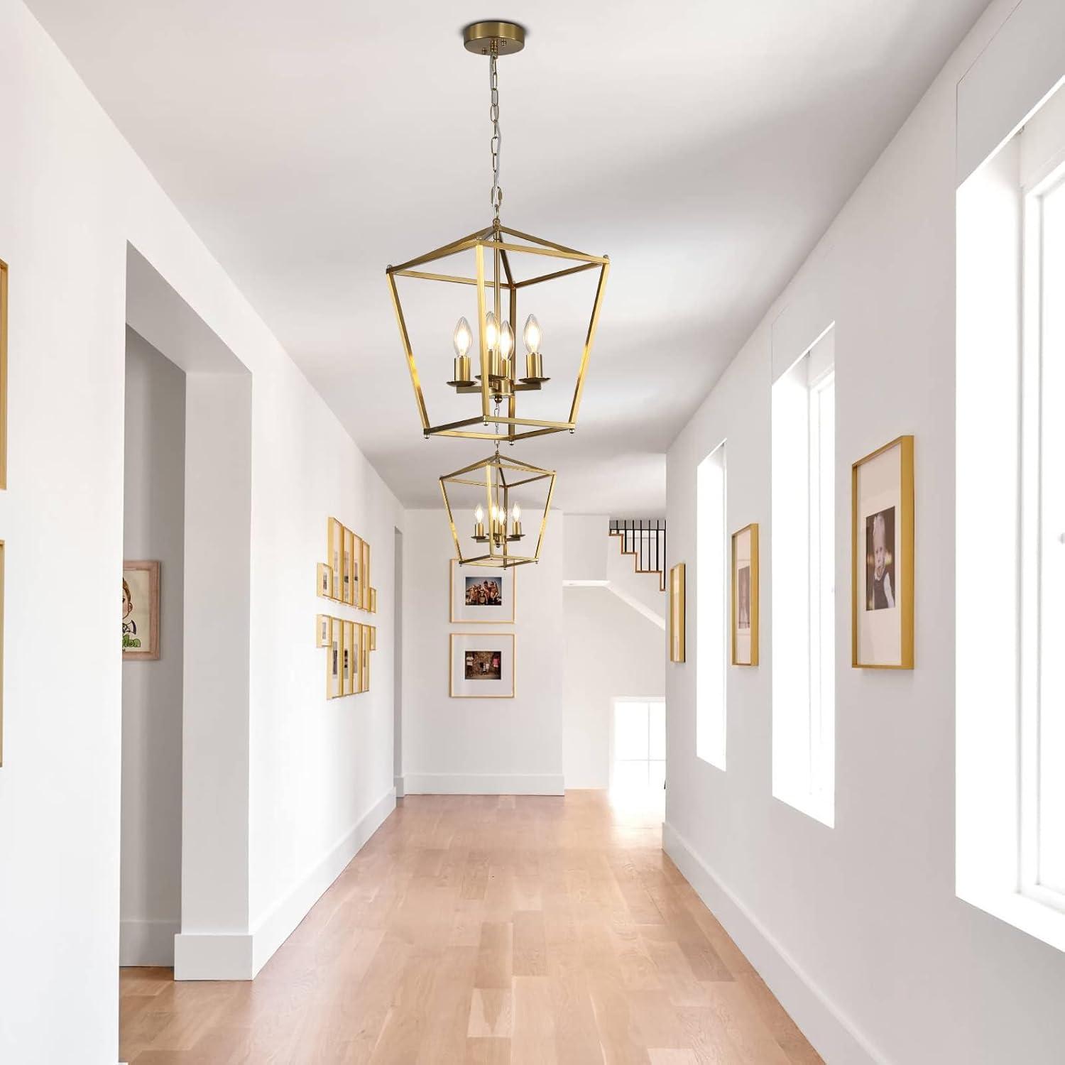 Rustic Lantern Chandeliers 4-Light Ceiling Cage Hanging Lights Gold Pendant Light Fixtures for Kitchen Island Dining Room Farmhouse Entryway Foyer