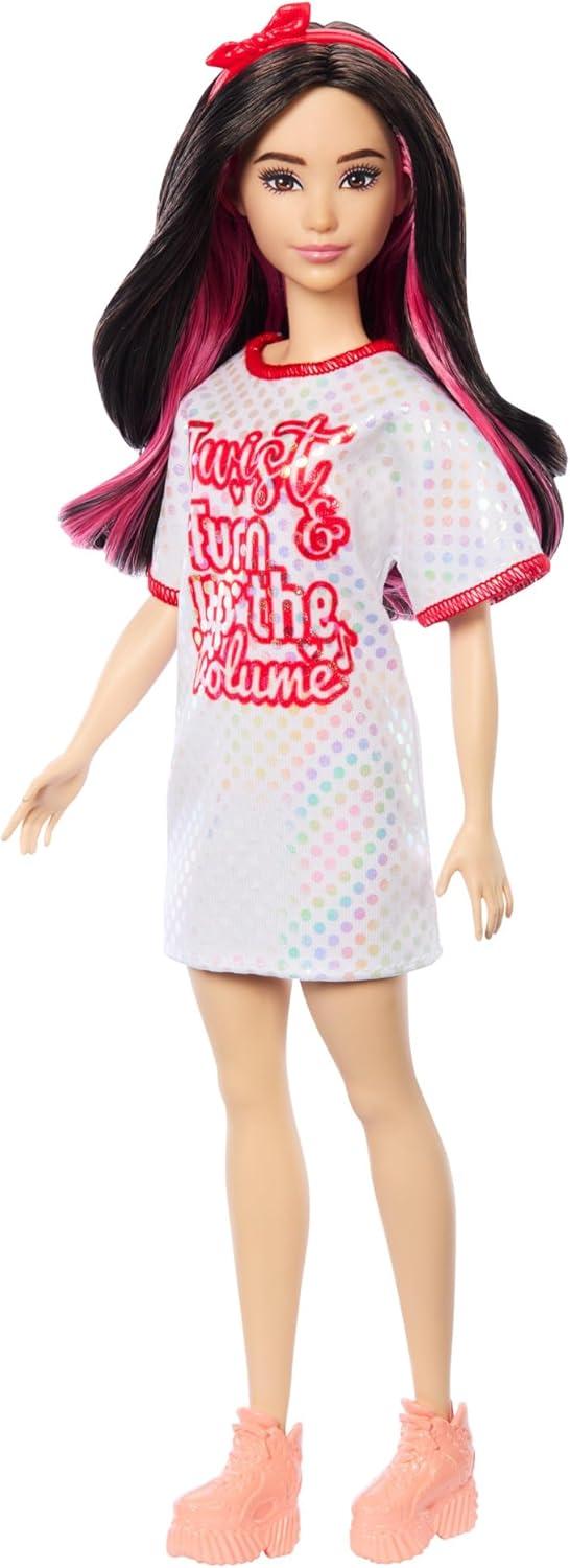 Barbie Fashionistas Doll #214, Black Wavy Hair with Twist ‘n’ Turn Dress & Accessories, 65th Anniversary Collectible Fashion Doll