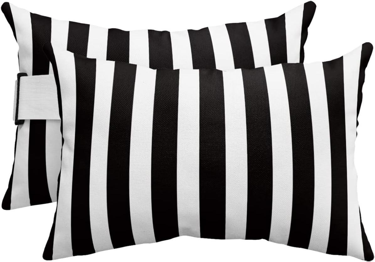 T&H XHome Outdoor Pillow for Chaise Lounge Chair, Black and White Stripe Waterproof Headrest Pillow Lumbar Pillows with Insert & Adjustable Elastic Strap for Beach, Poolside, Patio, Office (2 Pack)