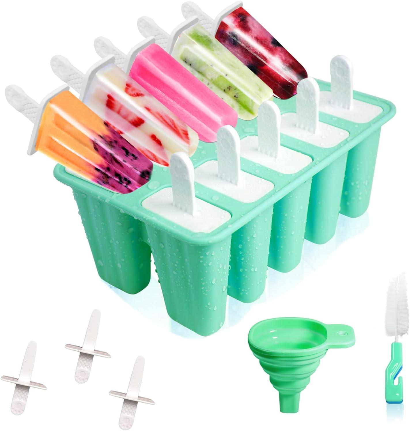 NSESSHome Homemade Popsicle Molds Shapes, Silicone Frozen Ice Popsicle Maker Non-BPA, 10 Reusable Popsicle Sticks, Funnel, Brush and Ice Pop Recipes