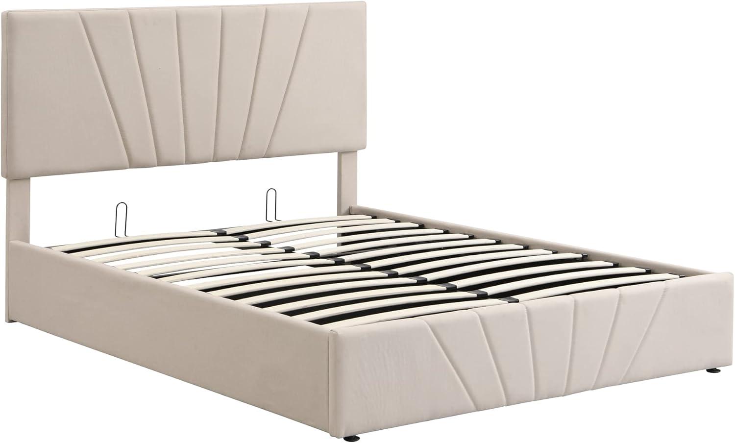 Beige Full Linen Upholstered Platform Bed with Storage