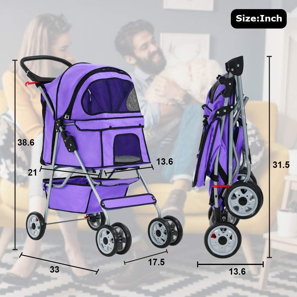 Purple Waterproof 4-Wheel Pet Stroller with Mesh Windows