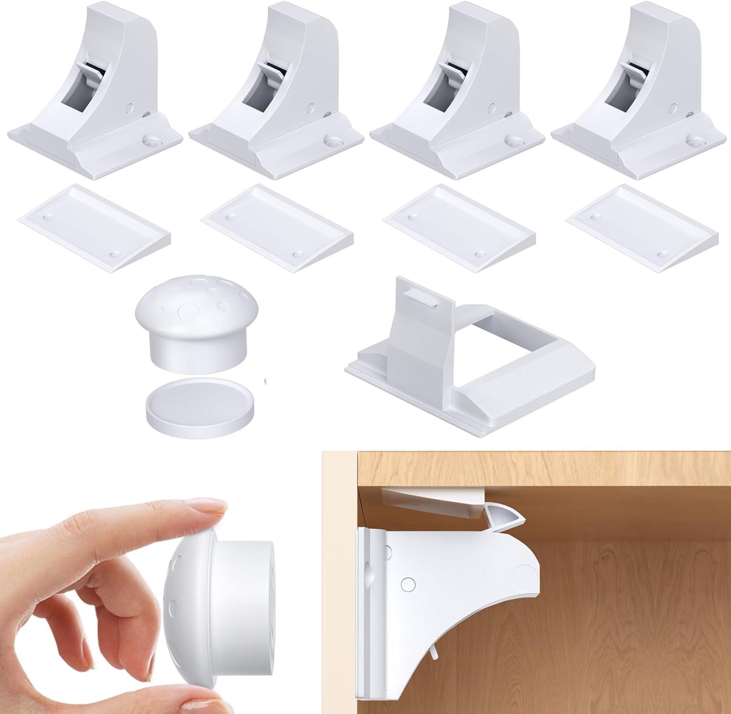 4 Pack Child Safety Magnetic Cabinet Locks -Baby Proofing Magnetic Drawer Locks for Kitchen with Adhesive No Drilling or Screws Fixed, Baby Safety Cabinet Locks