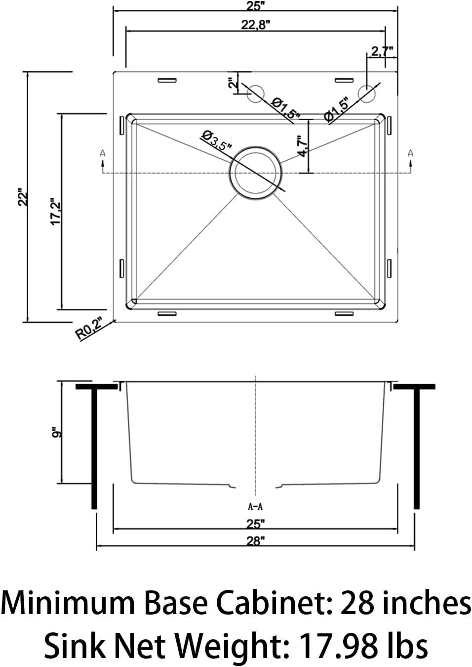 Sinber 25" x 22" Drop In Single Bowl Kitchen Sink with 18 Gauge 304 Stainless Steel Black Finish