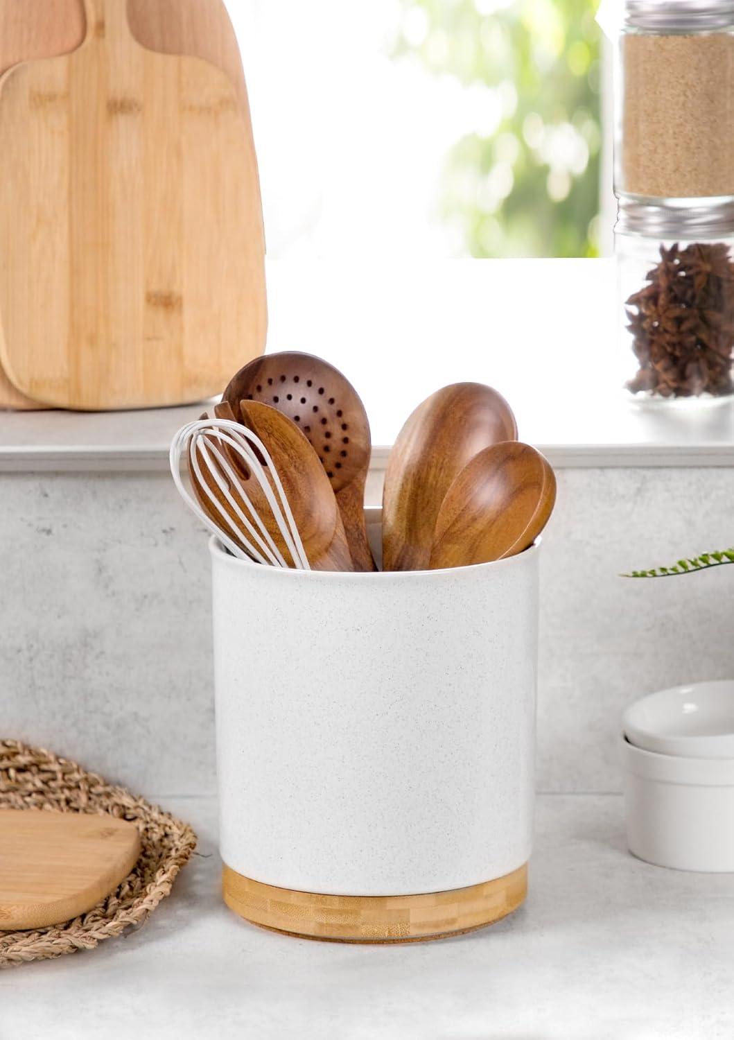 Sand Ceramic Rotating Utensil Holder with Cork Bottom