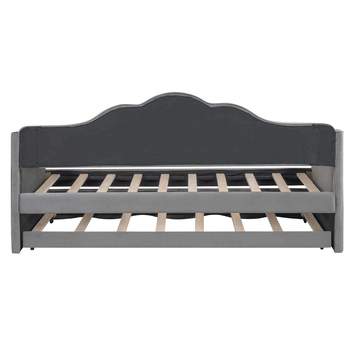 Ball & Cast Upholstered Twin Size Daybed with Trundle, Sofa Bed Frame with Wave-Shaped Back & Arm & Wood Slat Support, No Box Spring Needed, Gray