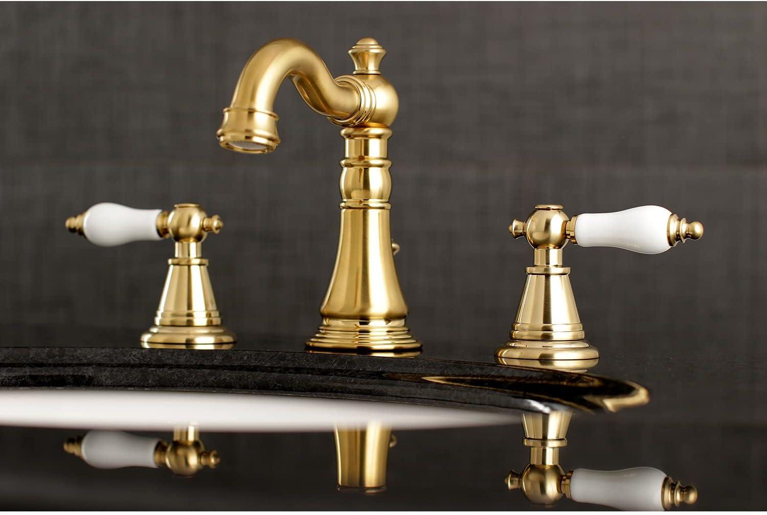 Kingston Brass English Classic Two-Handle 3-Hole Deck Mount Widespread Bathroom Faucet with Brass Pop-Up Drain