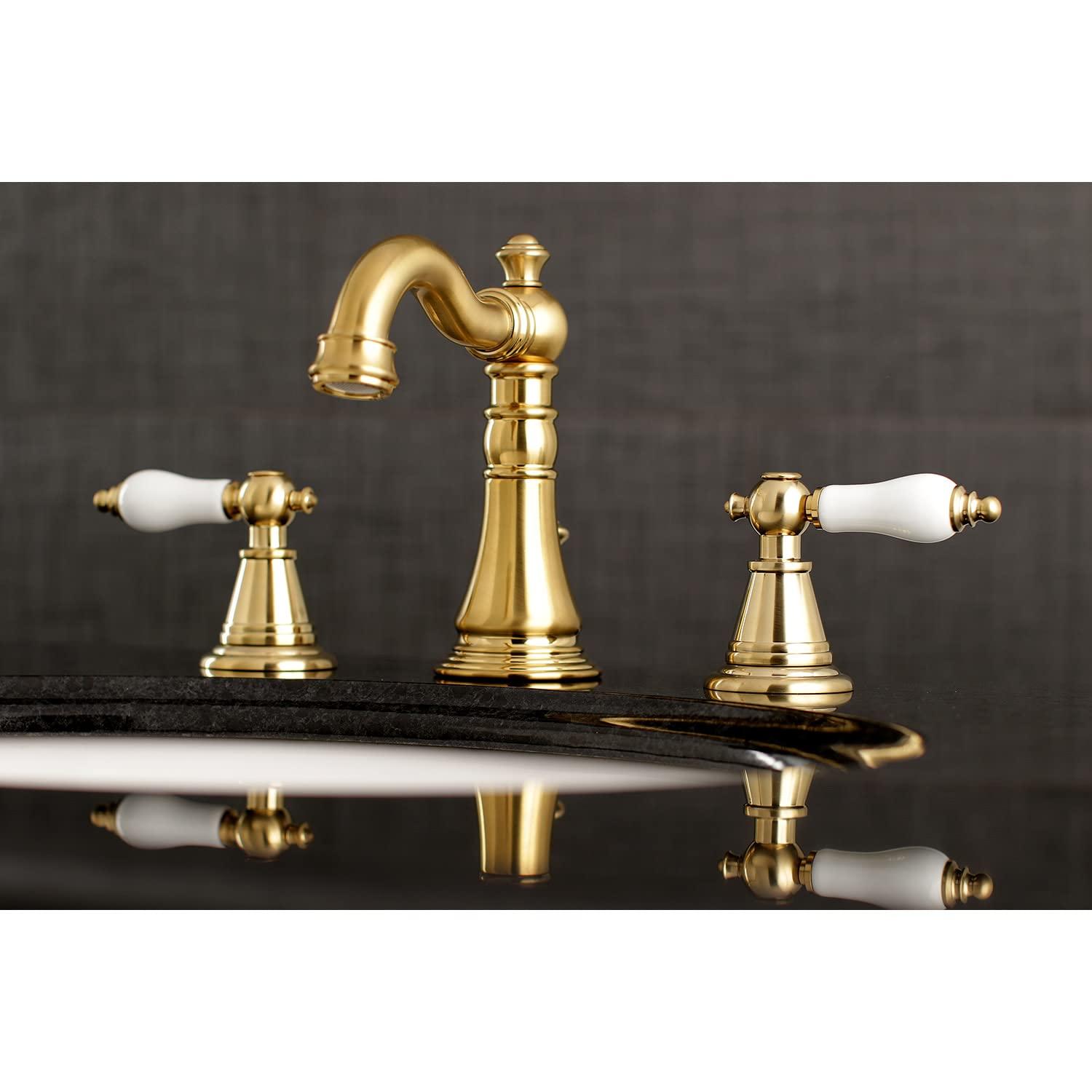 Kingston Brass English Classic Two-Handle 3-Hole Deck Mount Widespread Bathroom Faucet with Brass Pop-Up Drain