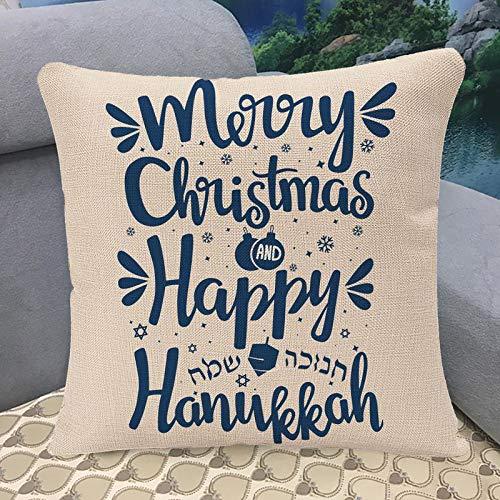 Throw Pillow Covers Festival Hand Written Lettering with Text Happy Hanukkah and Merry Christmas Hanuka Pillow Case 18x18 Inch Square Cushion Cover Pillowcase