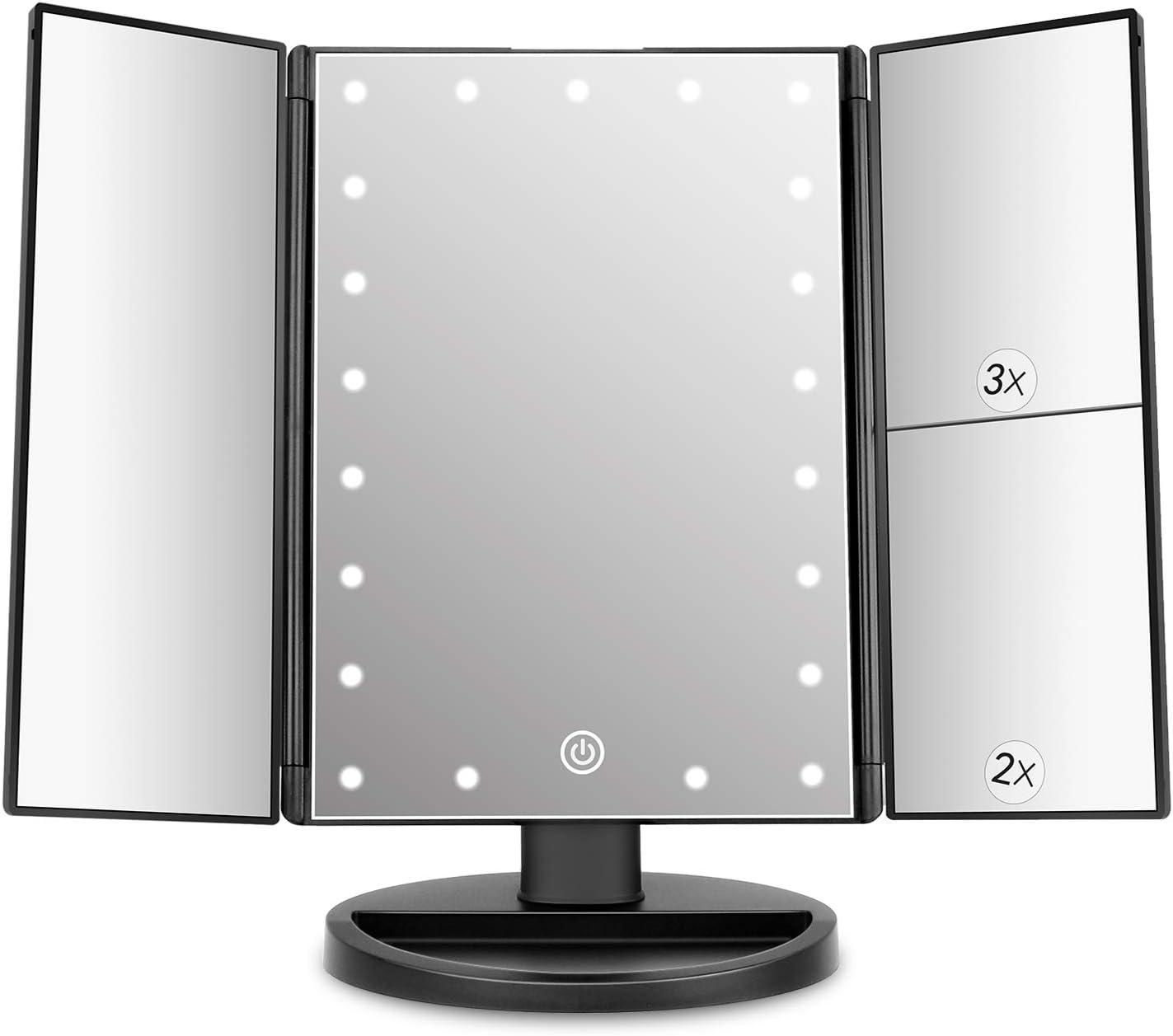 Black ABS Trifold Lighted Vanity Mirror with Magnification