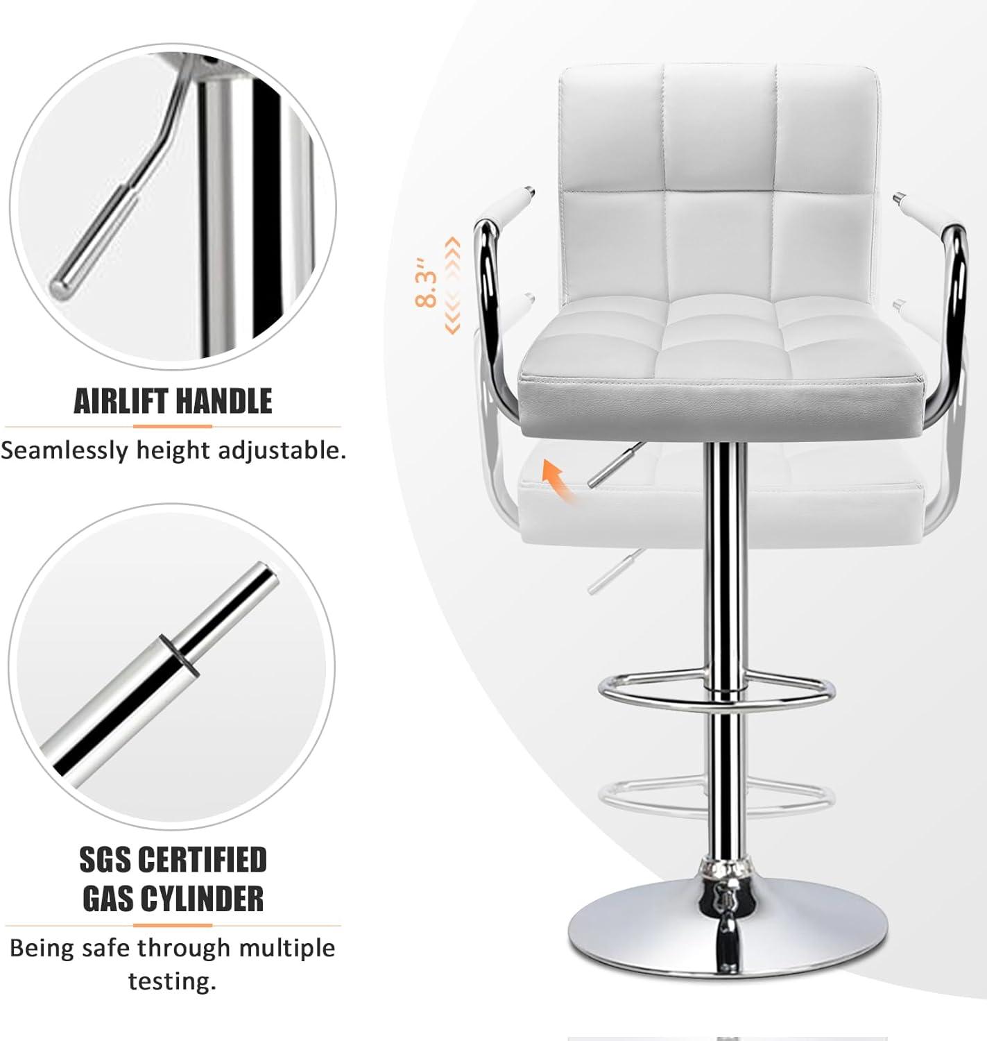 Luxvie Bar Stools Set of 2 with Back and Arms Swivel Bar Chairs Counter Height Barstools Adjustable Bar Chair for Home and Kitchen Counter(White/Silver, 2pcs)