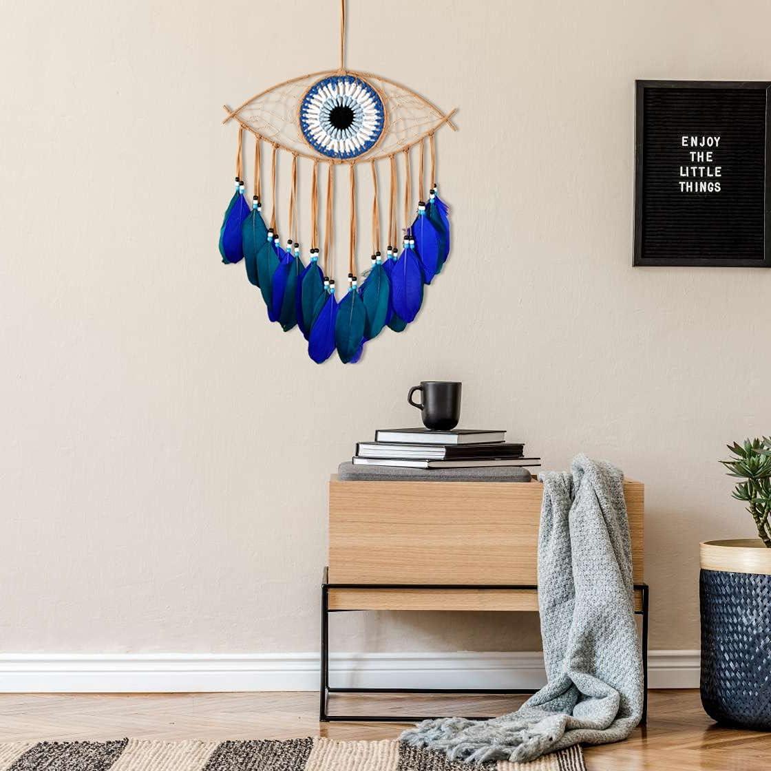Handmade Blue Evil Eye Dream Catcher with Feathers