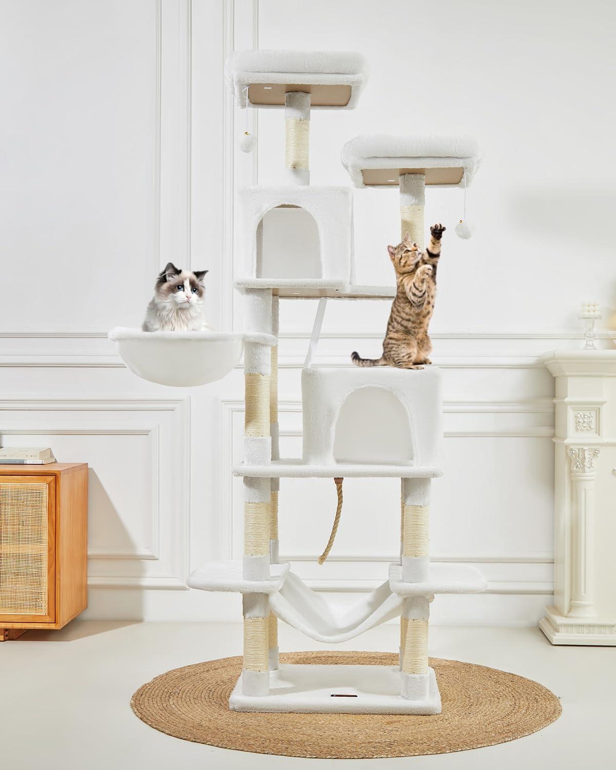 Tucker Murphy Pet™ Cat Tree, 71.7-Inch Cat Tower For Indoor Cats, Plush Multi-Level Cat Condo With 13 Scratching Posts, 2 Perches, 2 Caves, Hammock, 2 Pompoms, Cream White MS013LC