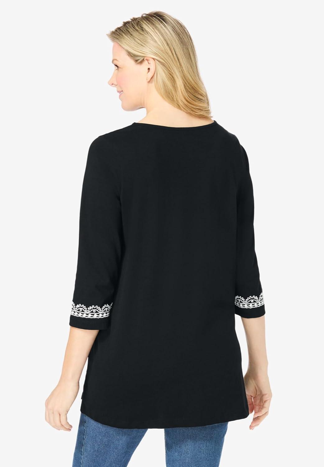 Woman Within Women's Plus Size Embroidered Knit Tunic - 18/20, Black