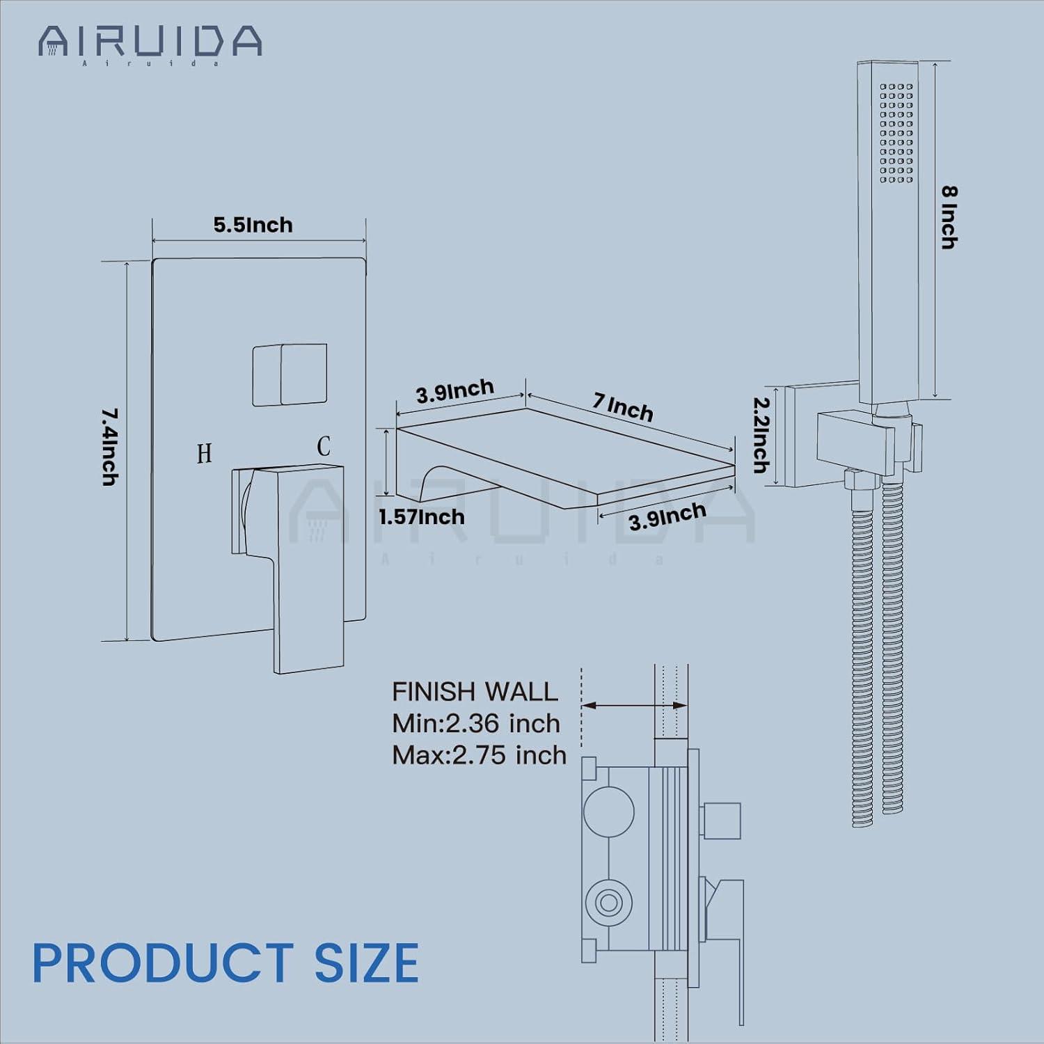 Airuida Wall Mount Tub Faucet with Waterfall Tub Spout Wall Mounted Bathtub Faucet with Handheld Shower Single Handle Tub Filler Shower Faucet Set with Rough-in valve Straight Spout Matte Black
