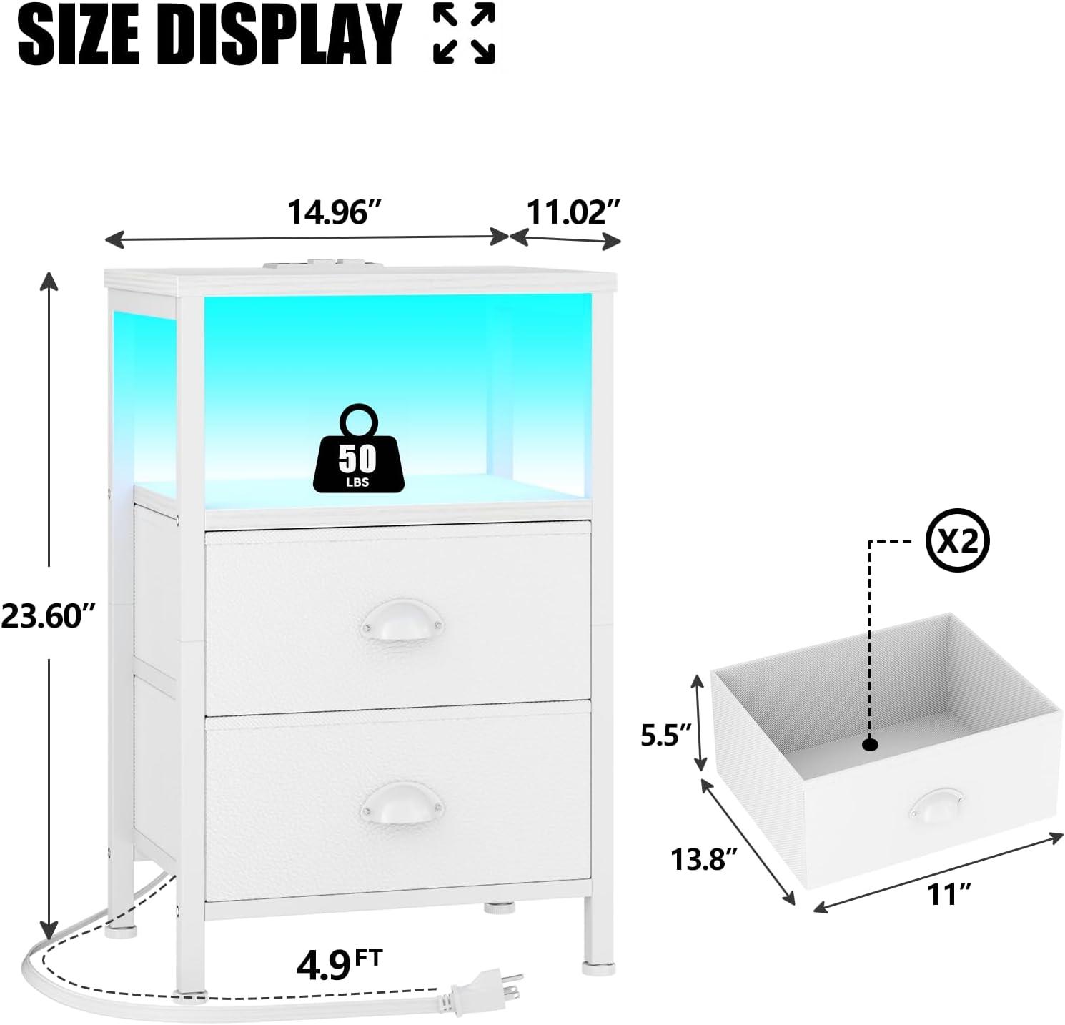 Furologee Nightstand with Charging Station, Bedside Table with USB Ports & Outlets, Night Stand with Storage Shelf & Hooks, End Table with Fabric Drawers for Bedroom, Living Room, White