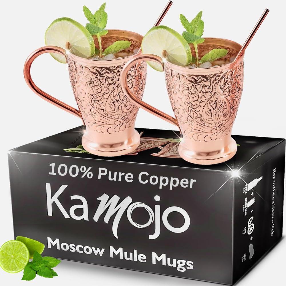 16 oz Embossed Copper Moscow Mule Mugs Set with Straws