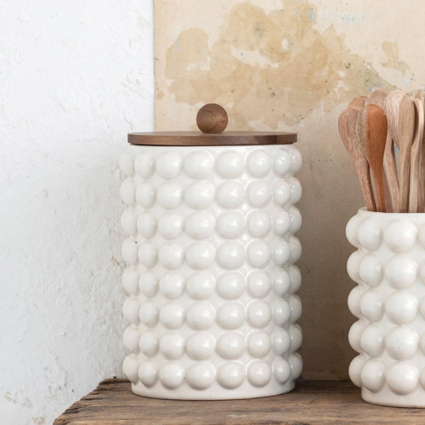 White Ceramic Canister with Acacia Wood Lid, 10.63"