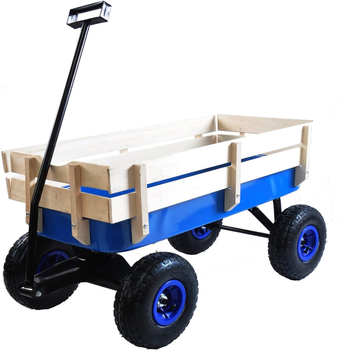 Outdoor Wagon Cart All Terrain Pulling Garden, Garden Cart Steel Hand Cart with Removable Wooden Railing & Air Tires, Big Foot Panel Wagon Children Pull-Along Wagon with Extra-long Handle, Blue